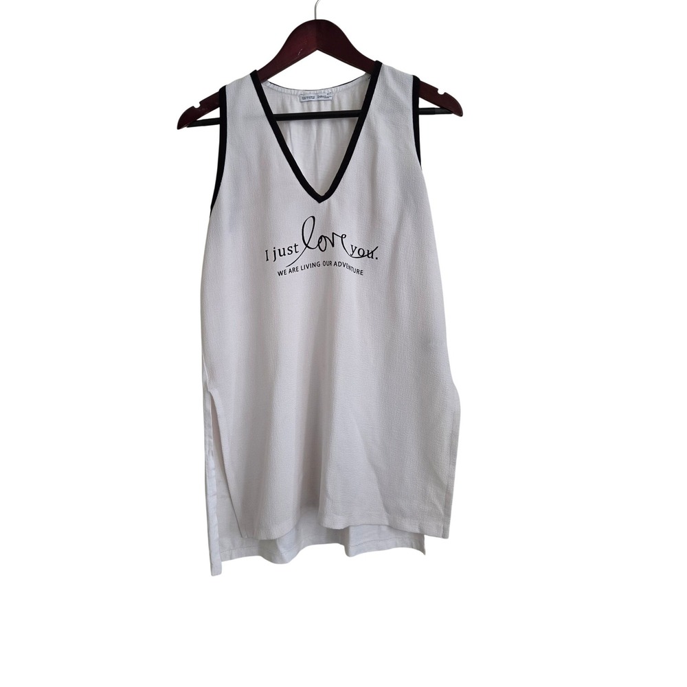 Zara White Love Graphic V Neck Tank Top Size M Bridal Honeymoon